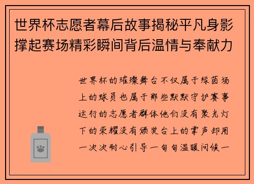 世界杯志愿者幕后故事揭秘平凡身影撑起赛场精彩瞬间背后温情与奉献力量